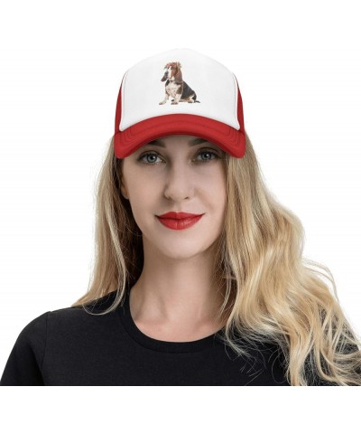 Basset Hound Dog Wear Flower Mesh Baseball Cap, Floral Adjustable Trucker Hat Snapback Solid Hat for Men Women Red $10.93 Bas...