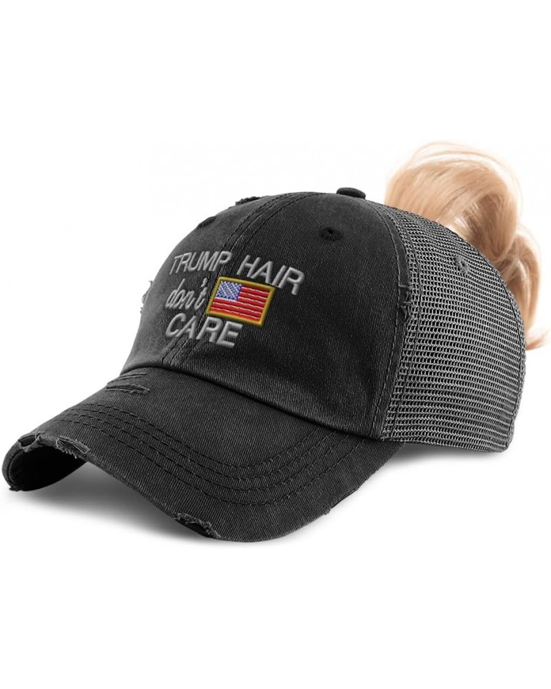 Custom Womens Ponytail Cap Trump Hair Don't Care Donald Distressed Trucker Caps Black Design Only $12.90 Baseball Caps