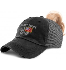 Custom Womens Ponytail Cap Trump Hair Don't Care Donald Distressed Trucker Caps Black Design Only $12.90 Baseball Caps