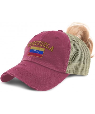 Womens Ponytail Cap Venezuela Flag Futbol America Cup Distressed Trucker Hats Burgundy $14.50 Baseball Caps