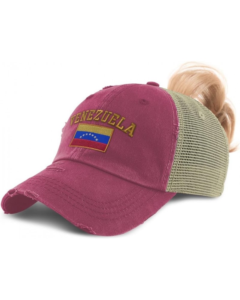 Womens Ponytail Cap Venezuela Flag Futbol America Cup Distressed Trucker Hats Burgundy $14.50 Baseball Caps