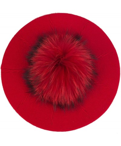 Plush Berets for Women Warm Solid Color Soft Elastic Winter Hats Girls Female Ladies Cap with Fur Pom Pom Red B $17.97 Berets