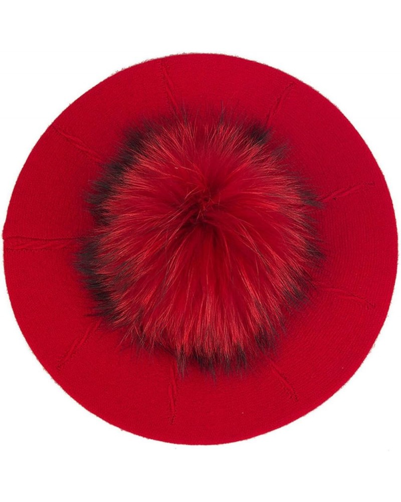 Plush Berets for Women Warm Solid Color Soft Elastic Winter Hats Girls Female Ladies Cap with Fur Pom Pom Red B $17.97 Berets