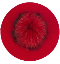 Plush Berets for Women Warm Solid Color Soft Elastic Winter Hats Girls Female Ladies Cap with Fur Pom Pom Red B $17.97 Berets