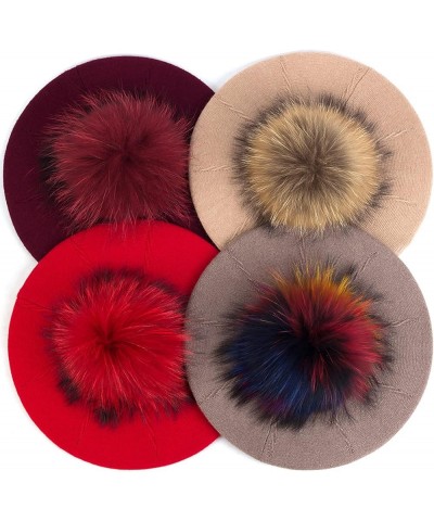 Plush Berets for Women Warm Solid Color Soft Elastic Winter Hats Girls Female Ladies Cap with Fur Pom Pom Red B $17.97 Berets