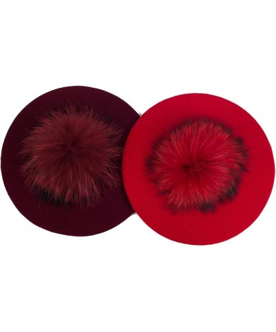 Plush Berets for Women Warm Solid Color Soft Elastic Winter Hats Girls Female Ladies Cap with Fur Pom Pom Red B $17.97 Berets