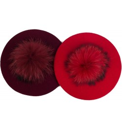 Plush Berets for Women Warm Solid Color Soft Elastic Winter Hats Girls Female Ladies Cap with Fur Pom Pom Red B $17.97 Berets