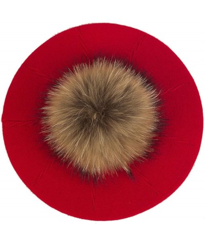 Plush Berets for Women Warm Solid Color Soft Elastic Winter Hats Girls Female Ladies Cap with Fur Pom Pom Red B $17.97 Berets