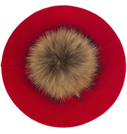 Plush Berets for Women Warm Solid Color Soft Elastic Winter Hats Girls Female Ladies Cap with Fur Pom Pom Red B $17.97 Berets