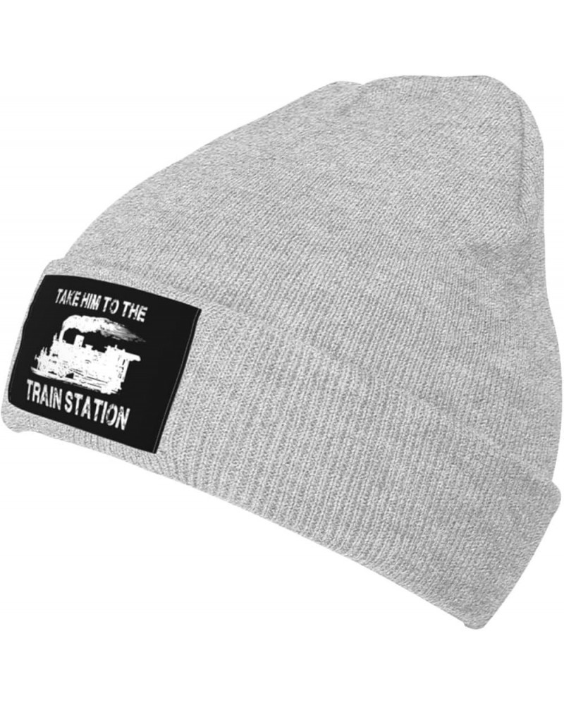 Take Em to The Train Station Winter Beanie Hats for Men Women,Warm Cozy Knitted Cuffed Skull Cap Gray $9.22 Skullies & Beanies