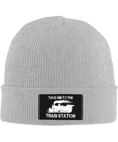 Take Em to The Train Station Winter Beanie Hats for Men Women,Warm Cozy Knitted Cuffed Skull Cap Gray $9.22 Skullies & Beanies