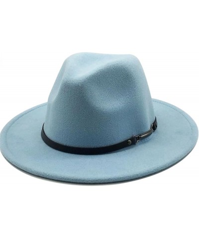 Women Men Woolen Fedora Hat with Leather Ribbon Gentleman Lady Wide Brim Jazz Church Panama Cap Sky Blue $19.85 Fedoras