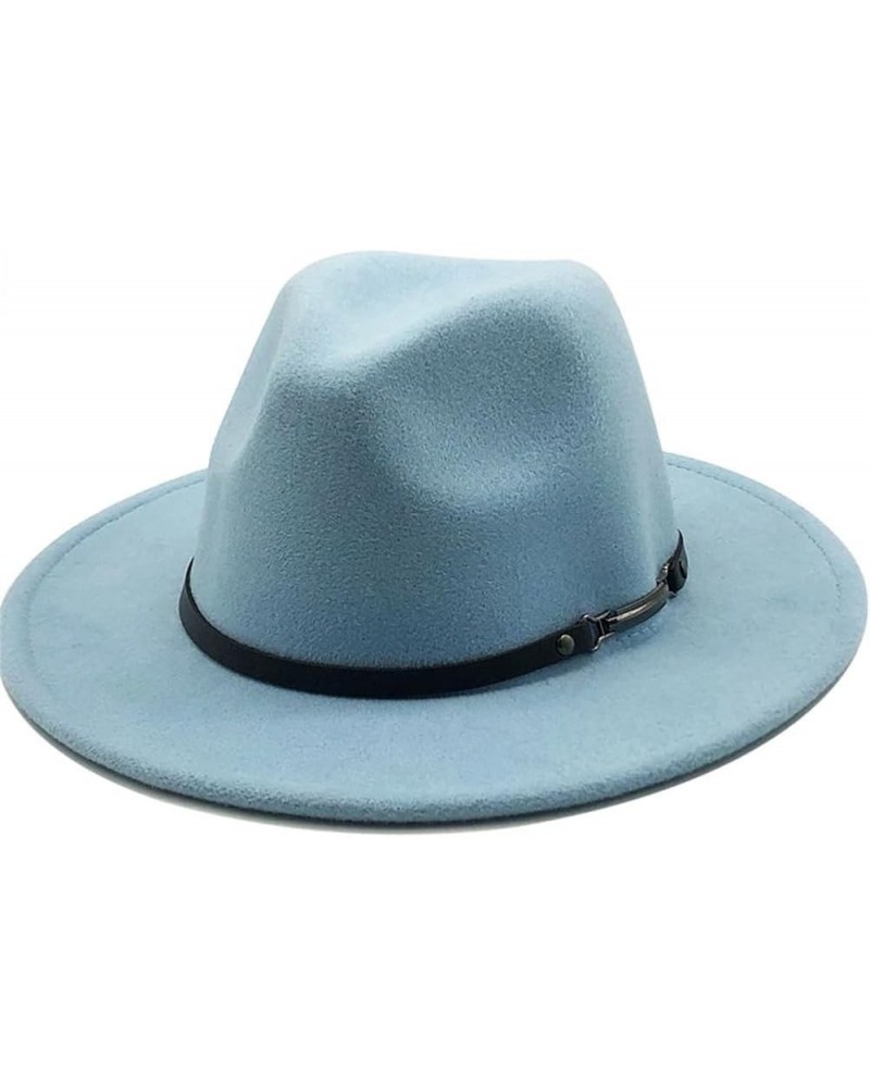 Women Men Woolen Fedora Hat with Leather Ribbon Gentleman Lady Wide Brim Jazz Church Panama Cap Sky Blue $19.85 Fedoras