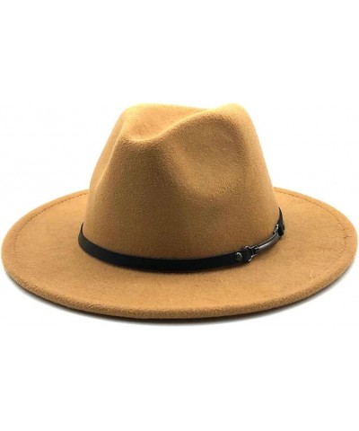 Women Men Woolen Fedora Hat with Leather Ribbon Gentleman Lady Wide Brim Jazz Church Panama Cap Sky Blue $19.85 Fedoras