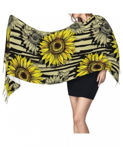 Bees Sunflower Print Fringed Scarf, Soft And Warm Faux Cashmere Scarf, Ideal Gift For Fashion Accessories Bees Sunflower $15....