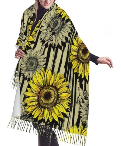 Bees Sunflower Print Fringed Scarf, Soft And Warm Faux Cashmere Scarf, Ideal Gift For Fashion Accessories Bees Sunflower $15....