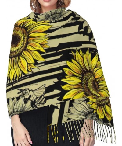 Bees Sunflower Print Fringed Scarf, Soft And Warm Faux Cashmere Scarf, Ideal Gift For Fashion Accessories Bees Sunflower $15....