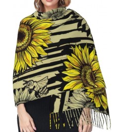 Bees Sunflower Print Fringed Scarf, Soft And Warm Faux Cashmere Scarf, Ideal Gift For Fashion Accessories Bees Sunflower $15....