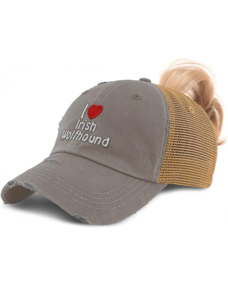 Womens Ponytail Cap I (Love) Irish Wolfhound Red Heart Pet Lovers Dog Cotton Grey Tan Design Only $14.27 Baseball Caps