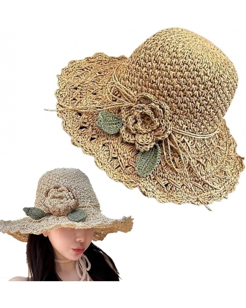 Elegant Crochet Straw Hat with Ruffle Detail Womens Summer Beach Foldable UV Protection Sun Hat Khaki $11.60 Sun Hats