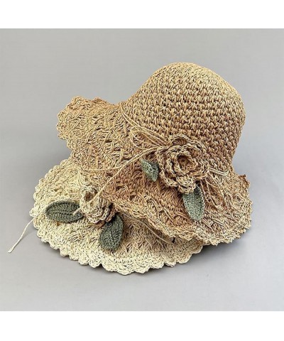 Elegant Crochet Straw Hat with Ruffle Detail Womens Summer Beach Foldable UV Protection Sun Hat Khaki $11.60 Sun Hats