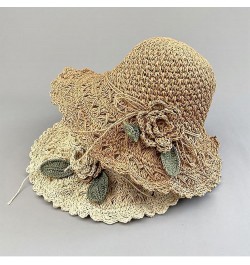 Elegant Crochet Straw Hat with Ruffle Detail Womens Summer Beach Foldable UV Protection Sun Hat Khaki $11.60 Sun Hats