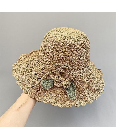 Elegant Crochet Straw Hat with Ruffle Detail Womens Summer Beach Foldable UV Protection Sun Hat Khaki $11.60 Sun Hats