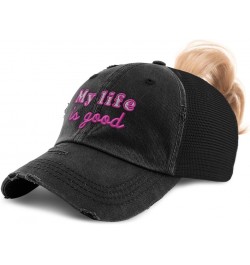 Womens Ponytail Cap My Life is Good Cotton Distressed Trucker Hats Black $12.04 Baseball Caps