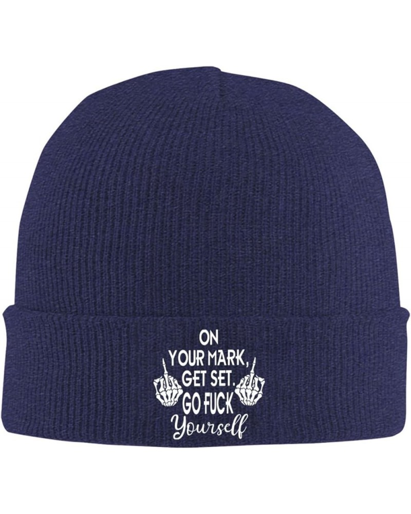 On Your Mark Get Set Go Fuck Yourself Beanie for Men Women Black Winter Hat Warm Knit Cuffed Beanies Navy Blue $13.87 Skullie...