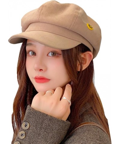 Womens Newsboy Cap French Fashion Hats Summer Cabbie Baker Boy Hat for Fall Beret Cap T3-smile-khaki $11.50 Newsboy Caps