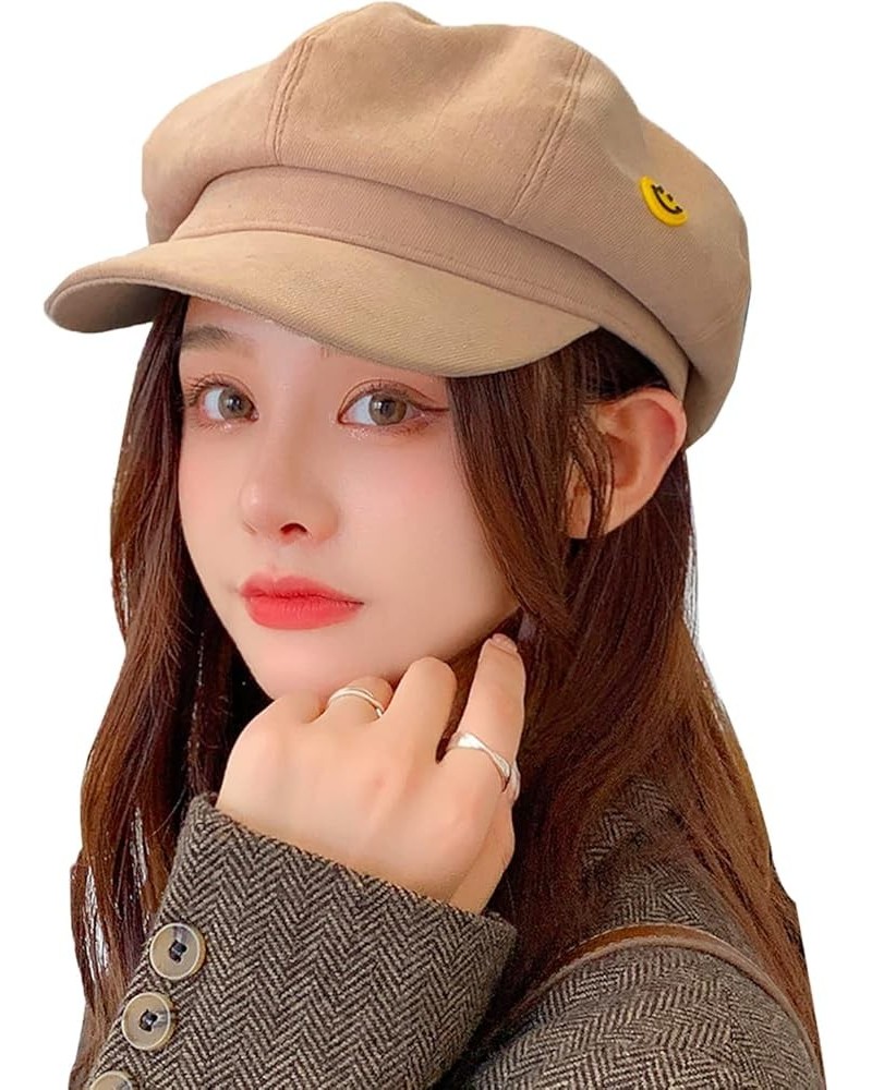 Womens Newsboy Cap French Fashion Hats Summer Cabbie Baker Boy Hat for Fall Beret Cap T3-smile-khaki $11.50 Newsboy Caps