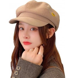 Womens Newsboy Cap French Fashion Hats Summer Cabbie Baker Boy Hat for Fall Beret Cap T3-smile-khaki $11.50 Newsboy Caps