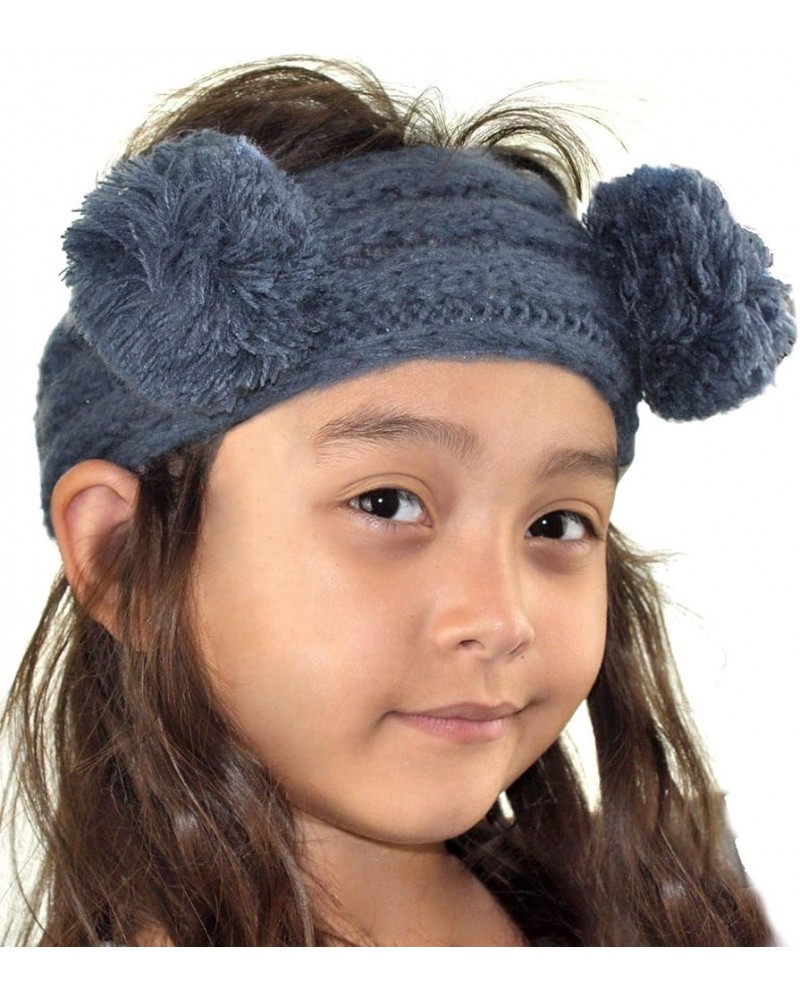 Children's Kids' Double Pom Cable Knit Fuzzy Lined Ear Warmer Headband Dark Denim $8.47 Cold Weather Headbands