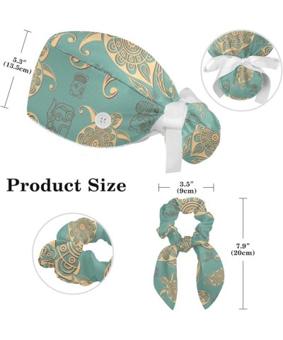 Scrub Hat Sea Turtle Print Pattern Adjustable Working Cap with Button Bow Hair Scrunchies for Women Color 8 $11.39 Skullies &...