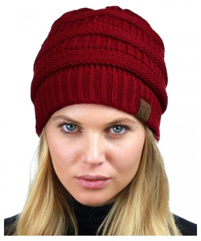 Unisex Chunky Soft Stretch Cable Knit Warm Fuzzy Lined Skully Beanie Burgundy $10.46 Skullies & Beanies