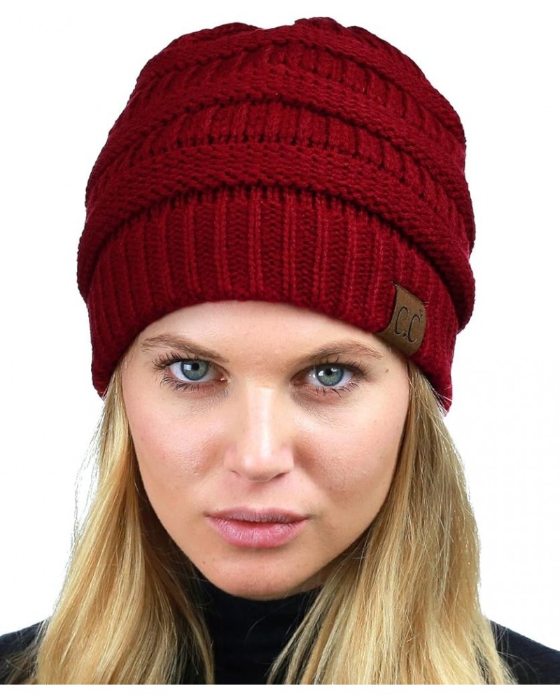 Unisex Chunky Soft Stretch Cable Knit Warm Fuzzy Lined Skully Beanie Burgundy $10.46 Skullies & Beanies