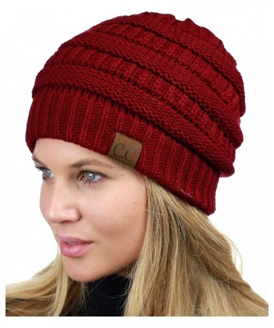 Unisex Chunky Soft Stretch Cable Knit Warm Fuzzy Lined Skully Beanie Burgundy $10.46 Skullies & Beanies