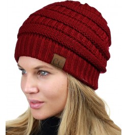 Unisex Chunky Soft Stretch Cable Knit Warm Fuzzy Lined Skully Beanie Burgundy $10.46 Skullies & Beanies