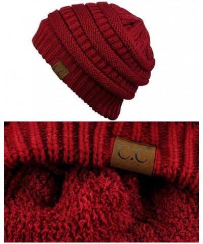 Unisex Chunky Soft Stretch Cable Knit Warm Fuzzy Lined Skully Beanie Burgundy $10.46 Skullies & Beanies