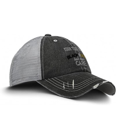 Custom Distressed Trucker Hat Black & Gold Hair Don't Care Cotton Black Gray Personalized Text Here $13.44 Baseball Caps