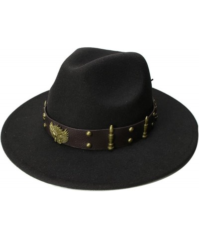 Black Fedora Hat Retro Women Men Vintage Wool Wide Brim Hats Panama Jazz Cap Bowler Two Guns Leather Band Coffee $17.15 Fedoras