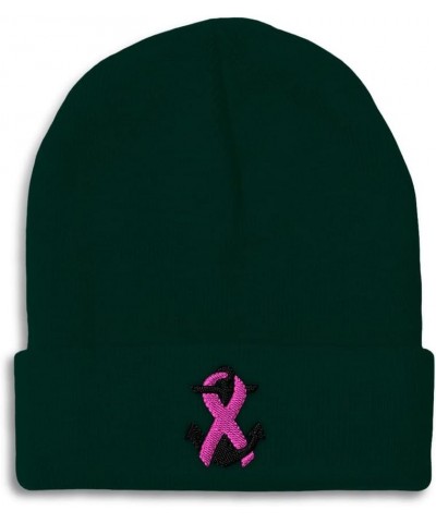 Custom Beanies for Men Breast Cancer Ribbon & Anchor Embroidery Winter Hats for Women Skull Cap 1 Size Forest Green Design On...