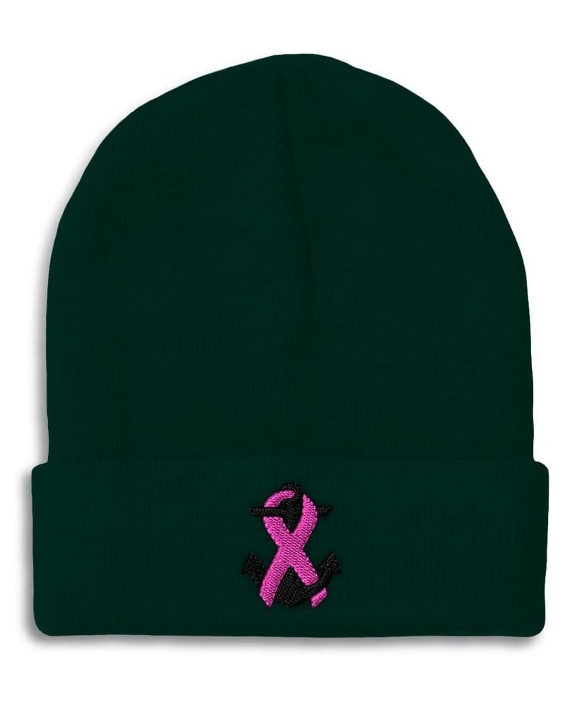 Custom Beanies for Men Breast Cancer Ribbon & Anchor Embroidery Winter Hats for Women Skull Cap 1 Size Forest Green Design On...