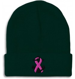 Custom Beanies for Men Breast Cancer Ribbon & Anchor Embroidery Winter Hats for Women Skull Cap 1 Size Forest Green Design On...