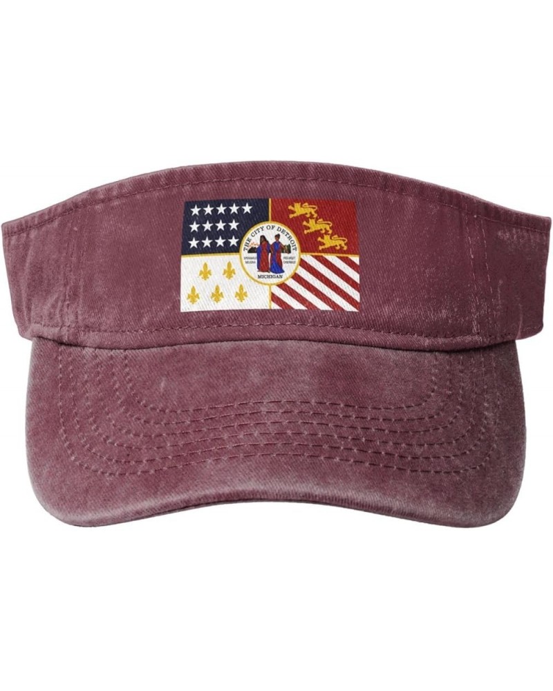 Flag of Detroit Sun Visor Hats for Women Men Sun Hat Vintage Golf Hat Adjustable Baseball Cap Red $14.36 Visors