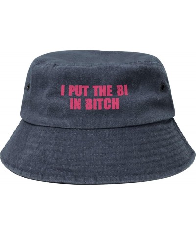 I Put The Bi in Bitch Washed Cowboy Bucket Hat,Denim Cotton Outdoor Sun Hat Flat Top Cap for Fishing Hiking Beach Navy Blue $...