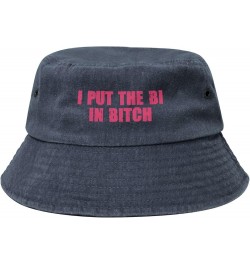 I Put The Bi in Bitch Washed Cowboy Bucket Hat,Denim Cotton Outdoor Sun Hat Flat Top Cap for Fishing Hiking Beach Navy Blue $...