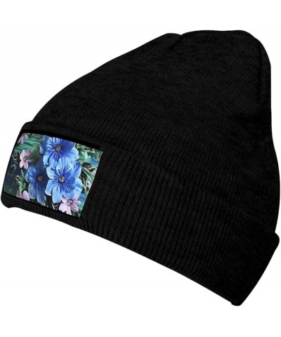 Beanie for Women Men Warm Blue Flowers Winter Hats for Women Thick Knit Beanies for Winter Cuffed Cap Black $10.81 Skullies &...