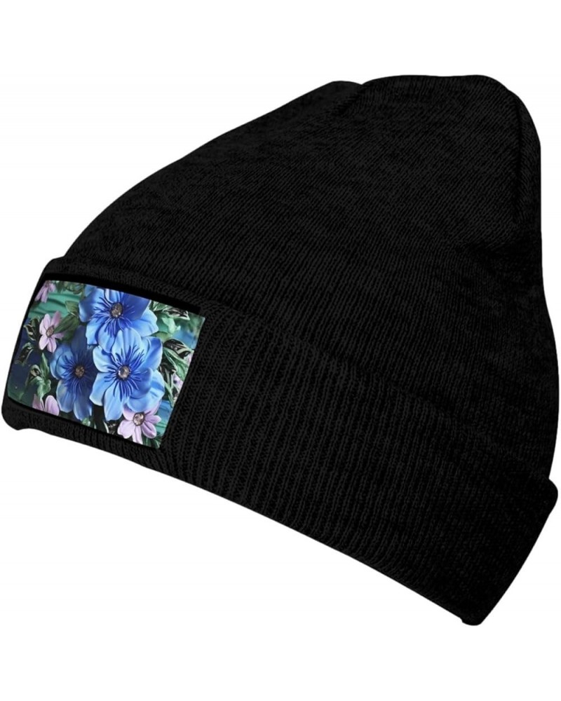 Beanie for Women Men Warm Blue Flowers Winter Hats for Women Thick Knit Beanies for Winter Cuffed Cap Black $10.81 Skullies &...