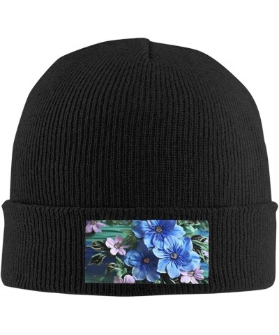 Beanie for Women Men Warm Blue Flowers Winter Hats for Women Thick Knit Beanies for Winter Cuffed Cap Black $10.81 Skullies &...